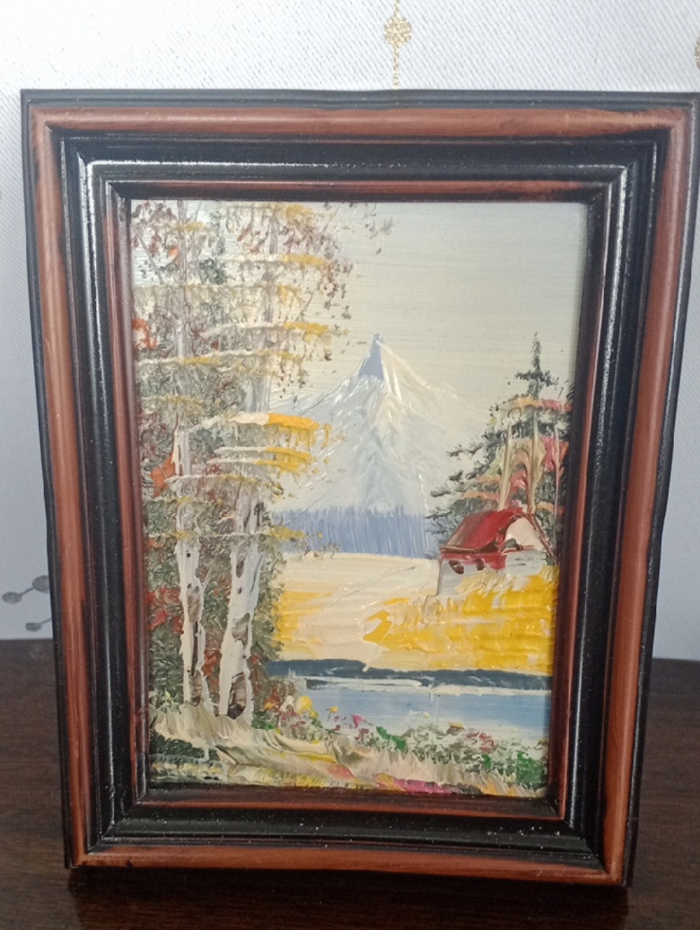 Small Framed Mountain Cabin Oil Painting — Red Roof